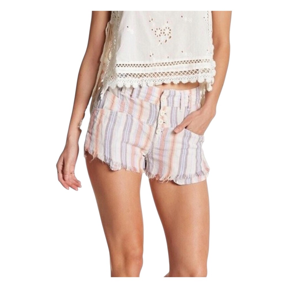 Free People Morning Rain Cutoff Striped Shorts Linen Blend Button Fly Frayed Hem